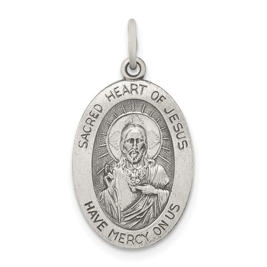 925 Sterling Silver Antiqued Sacred Heart of Jesus Medal Engravable Charm Pendant Jewelry Gifts (Length 0.86" Width 0.59")