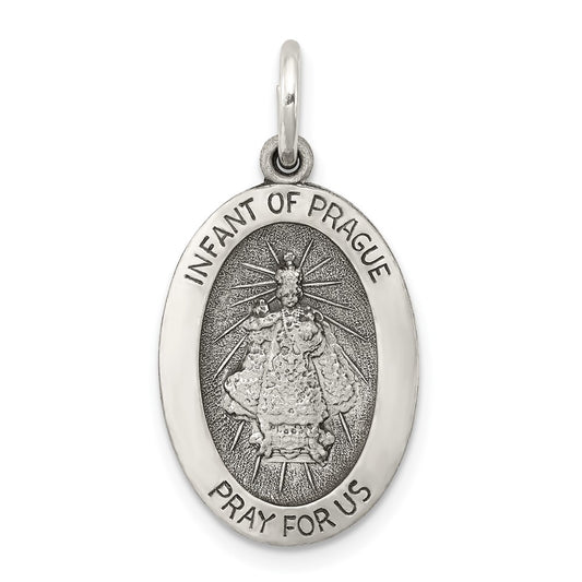925 Sterling Silver Antiqued Infant of Prague Medal Engravable Charm Pendant Jewelry Gifts (Length 0.98" Width 0.51")