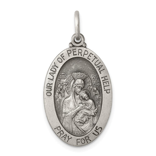 925 Sterling Silver Antiqued Our Lady of Perpetual Help Medal Engravable Charm Pendant Jewelry Gifts (Length 1.21" Width 0.62")