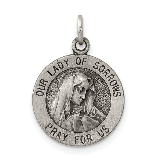 925 Sterling Silver Antiqued Our Lady of Sorrows Medal Engravable Charm Pendant Jewelry Gifts (Length 0.78" Width 0.59")