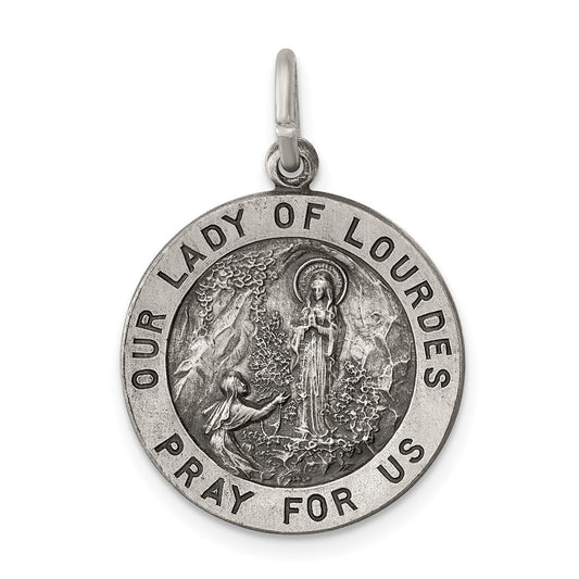 925 Sterling Silver Antiqued Our Lady of Lourdes Medal Engravable Charm Pendant Jewelry Gifts (Length 0.94" Width 0.55")