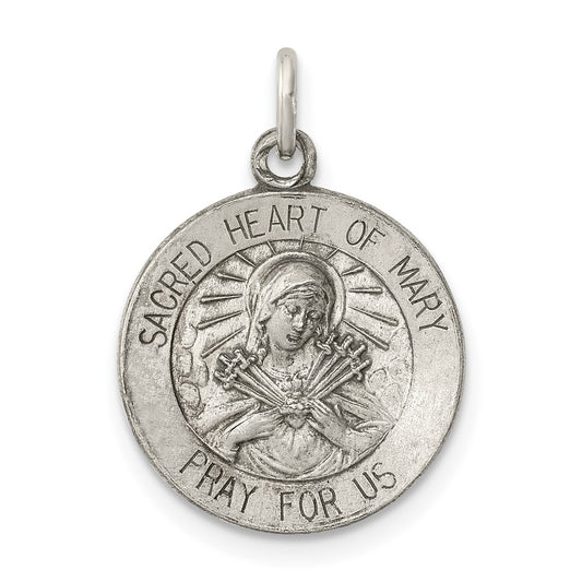 925 Sterling Silver Antiqued Sacred Heart of Mary Medal Engravable Charm Pendant Jewelry Gifts (Length 0.86" Width 0.59")