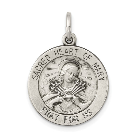 925 Sterling Silver Antiqued Sacred Heart of Mary Medal Engravable Charm Pendant Jewelry Gifts (Length 1.01" Width 0.74")