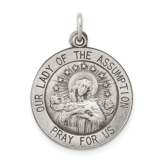 925 Sterling Silver Antiqued Our Lady of the Assumption Medal Engravable Charm Pendant Jewelry Gifts (Length 1.01" Width 0.74")