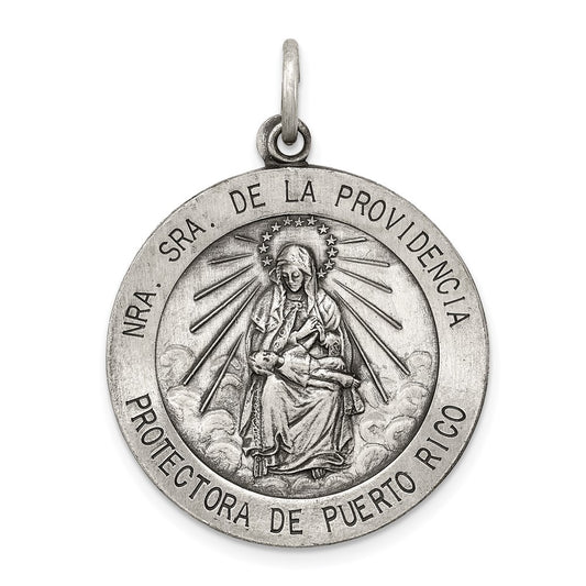 925 Sterling Silver Antiqued De La Providencia Medal Engravable Charm Pendant Jewelry Gifts (Length 0.86" Width 0.98")