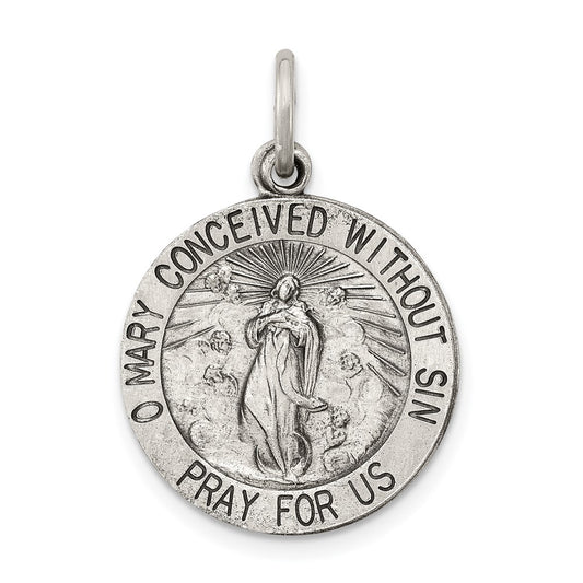 925 Sterling Silver Antiqued Blessed Mother Medal Engravable Charm Pendant Jewelry Gifts (Length 0.98" Width 0.74")