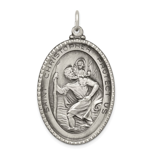 925 Sterling Silver Antiqued Saint Christopher Medal Engravable Charm Pendant Jewelry Gifts (Length 1.68" Width 1.05")