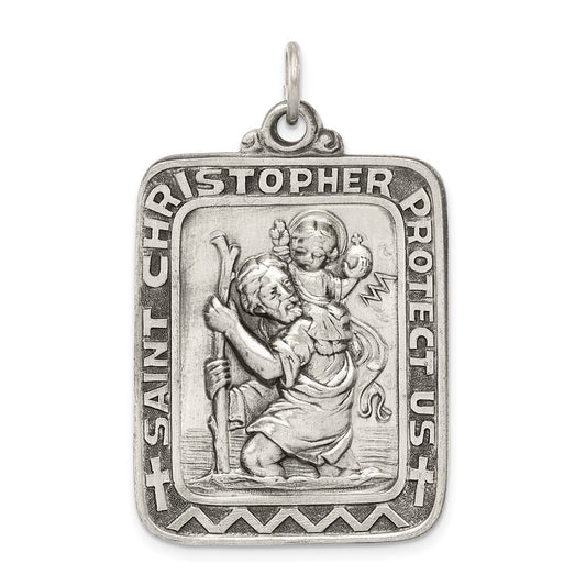925 Sterling Silver Antiqued Saint Christopher Medal Engravable Charm Pendant Jewelry Gifts (Length 1.6" Width 1.01")