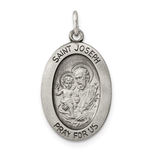 925 Sterling Silver Antiqued Saint Joseph Medal Engravable Charm Pendant Jewelry Gifts (Length 1.37" Width 0.59")