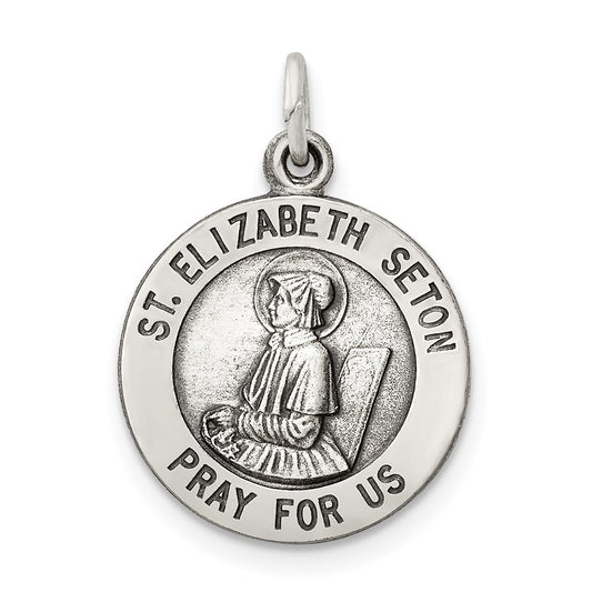 925 Sterling Silver Antiqued Saint Elizabeth Seton Medal Engravable Charm Pendant Jewelry Gifts (Length 0.78" Width 0.59")