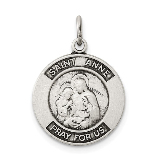 925 Sterling Silver Antiqued Saint Anne Medal Engravable Charm Pendant Jewelry Gifts (Length 1.01" Width 0.82")