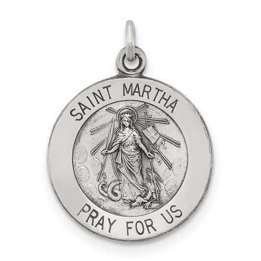 925 Sterling Silver Antiqued Saint Martha Medal Engravable Charm Pendant Jewelry Gifts (Length 0.82" Width 0.59")