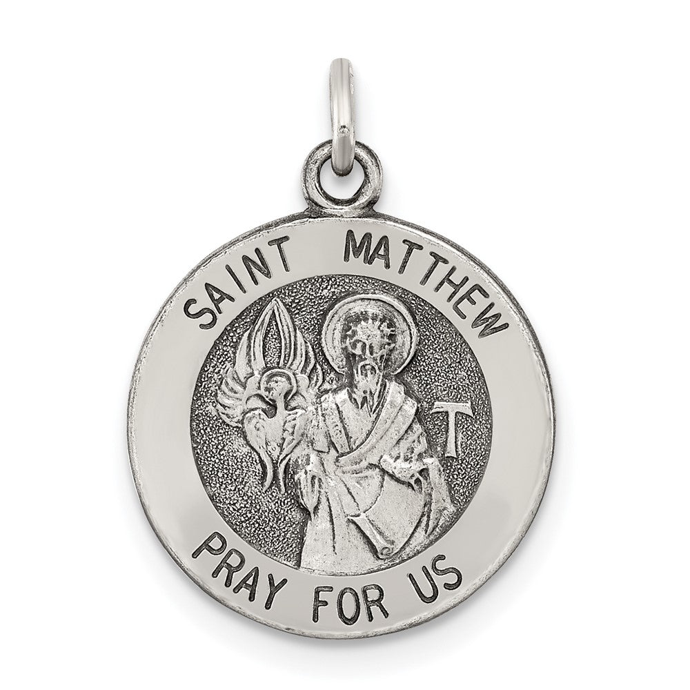 925 Sterling Silver Antiqued Saint Matthew Medal Engravable Charm Pendant Jewelry Gifts (Length 0.78" Width 0.59")