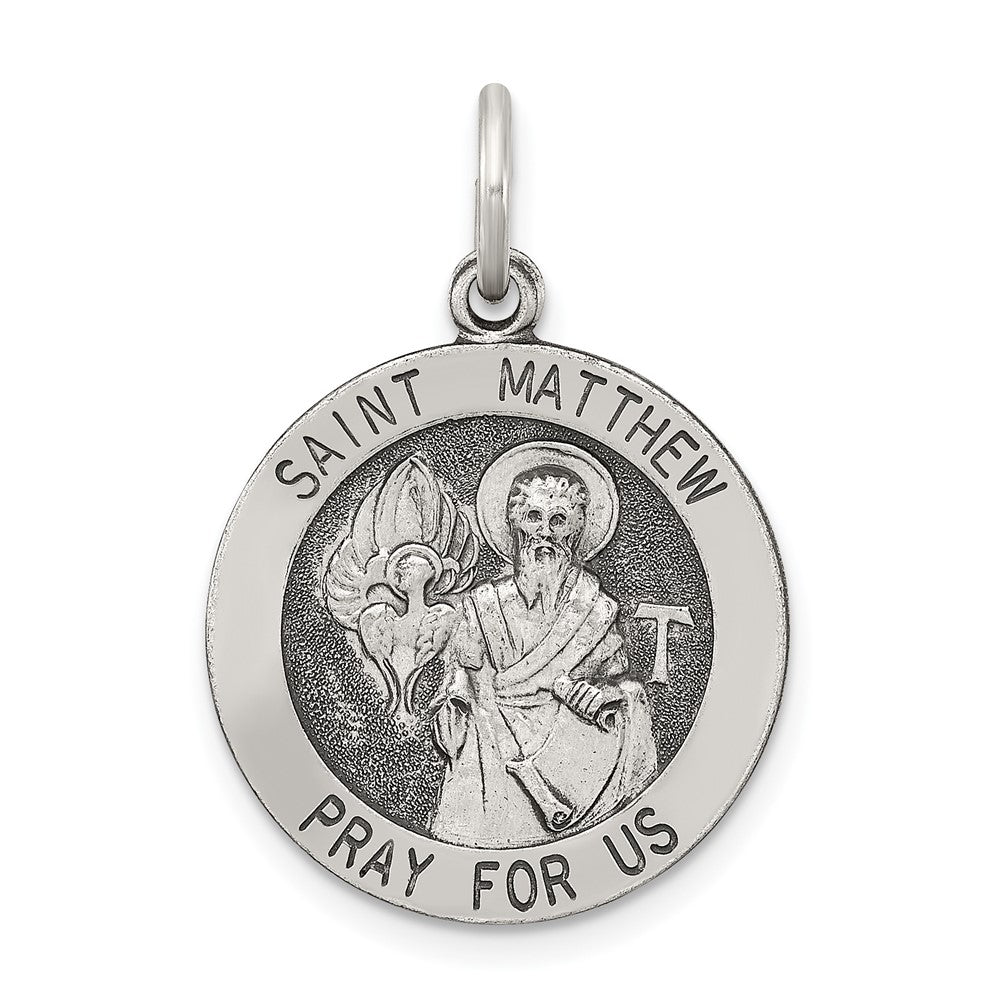 925 Sterling Silver Antiqued Saint Matthew Medal Engravable Charm Pendant Jewelry Gifts (Length 0.98" Width 0.78")