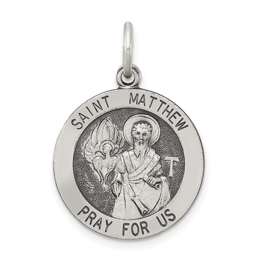 925 Sterling Silver Antiqued Saint Matthew Medal Engravable Charm Pendant Jewelry Gifts (Length 0.98" Width 0.78")