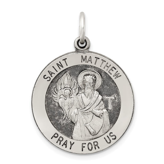 925 Sterling Silver Antiqued Saint Matthew Medal Engravable Charm Pendant Jewelry Gifts (Length 1.21" Width 0.82")