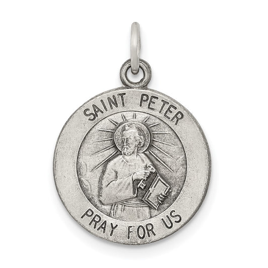 925 Sterling Silver Antiqued Saint Peter Medal Engravable Charm Pendant Jewelry Gifts (Length 0.78" Width 0.59")
