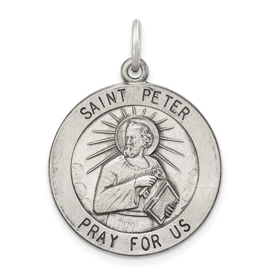 925 Sterling Silver Antiqued Saint Peter Medal Engravable Charm Pendant Jewelry Gifts (Length 1.21" Width 0.82")