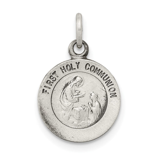 925 Sterling Silver Antiqued First Holy Communion Medal Engravable Charm Pendant Jewelry Gifts (Length 0.62" Width 0.47")