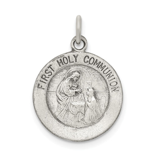 925 Sterling Silver Antiqued First Holy Communion Medal Engravable Charm Pendant Jewelry Gifts (Length 0.78" Width 0.59")