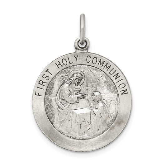 925 Sterling Silver Antiqued First Holy Communion Medal Engravable Charm Pendant Jewelry Gifts (Length 1.17" Width 0.86")