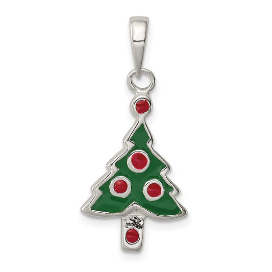 925 Sterling Silver Enameled Christmas TreeEngravable Charm Pendant Jewelry Gifts (Length 0.98" Width 0.39")