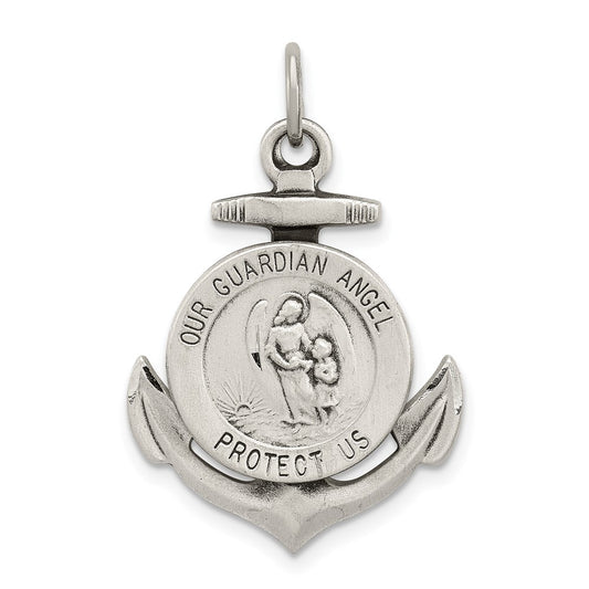925 Sterling Silver Antiqued Guardian Angel on Anchor Medal Engravable Charm Pendant Jewelry Gifts (Length 1.29" Width 0.78")