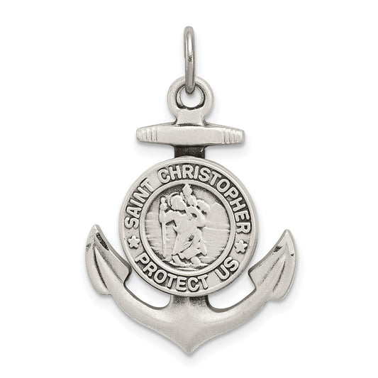 925 Sterling Silver Antiqued Satin St Christopher Anchor Medal Engravable Charm Pendant Jewelry Gifts (Length 1.29" Width 0.78")