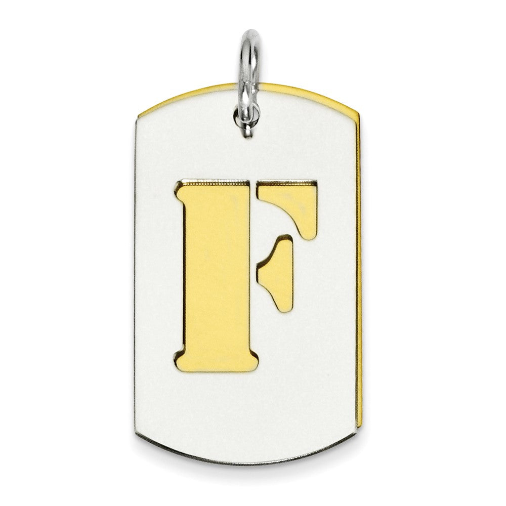 925 Sterling Silver Gold Plated Initial F Double Plate Dog Tag Engravable Charm Pendant Jewelry Gifts (Length 1.09" Width 0.62")