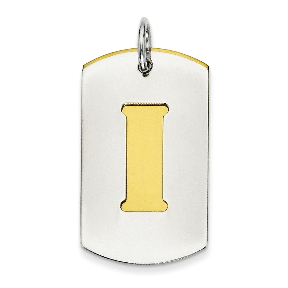 925 Sterling Silver Gold Plated Initial I Double Plate Dog Tag Engravable Charm Pendant Jewelry Gifts (Length 1.09" Width 0.62")