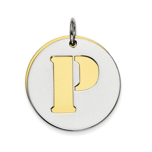925 Sterling Silver Gold Plated Initial P Double Plate Round Engravable Charm Pendant Jewelry Gifts (Length 0.98" Width 0.78")