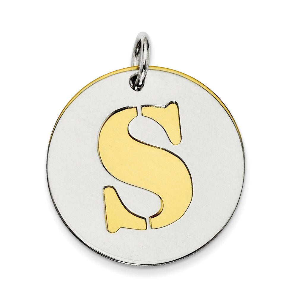 925 Sterling Silver Gold Plated Initial S Double Plate Round Engravable Charm Pendant Jewelry Gifts (Length 0.98" Width 0.78")