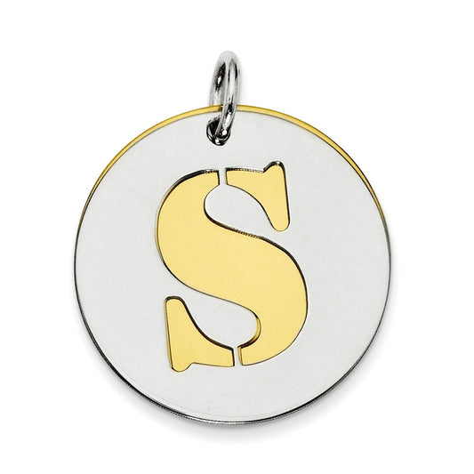925 Sterling Silver Gold Plated Initial S Double Plate Round Engravable Charm Pendant Jewelry Gifts (Length 0.98" Width 0.78")