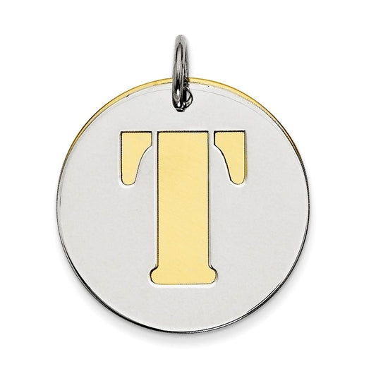 925 Sterling Silver Gold Plated Initial T Double Plate Round Engravable Charm Pendant Jewelry Gifts (Length 0.98" Width 0.78")