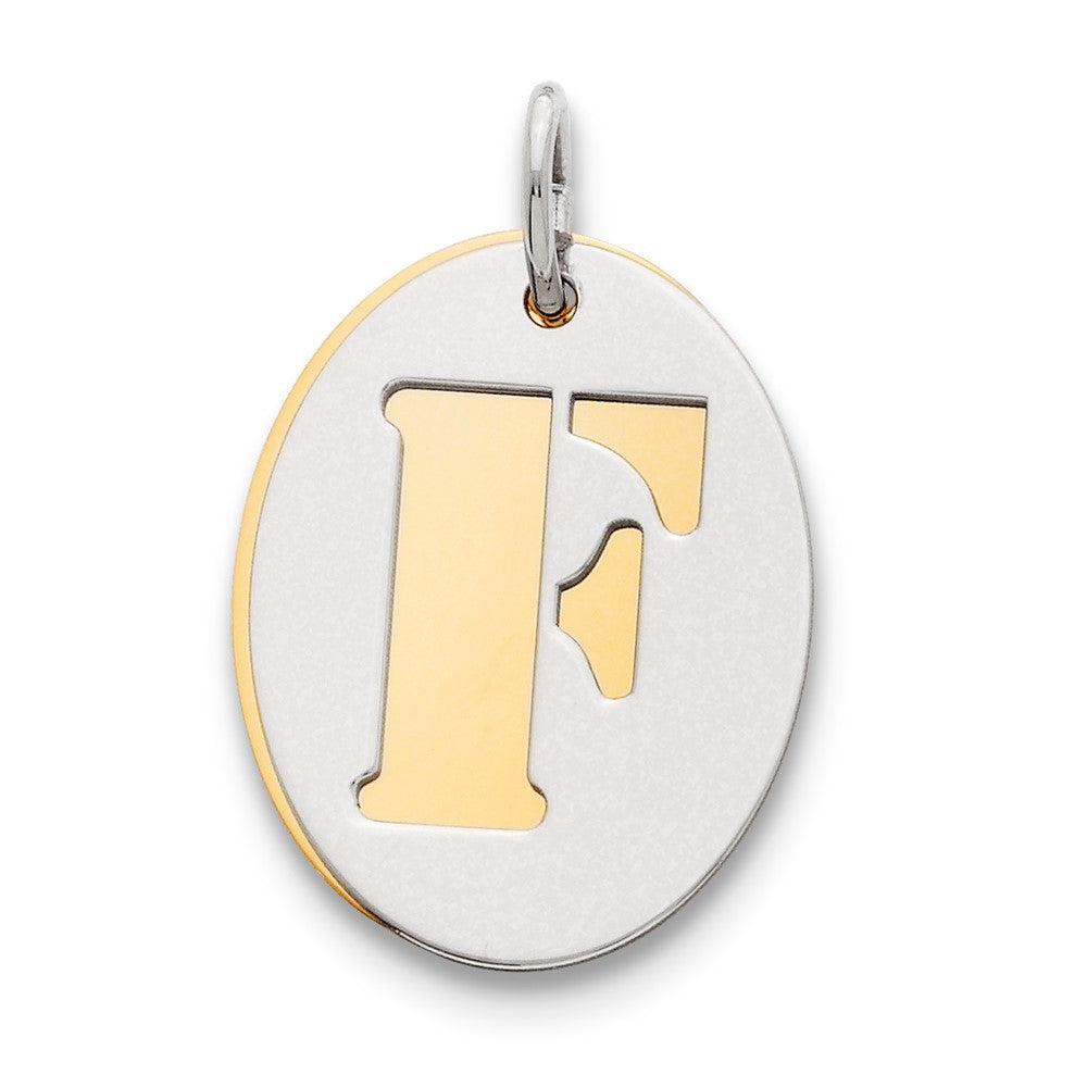 925 Sterling Silver Gold Plated Initial F Double Plate Oval Engravable Charm Pendant Jewelry Gifts (Length 0.94" Width 0.62")