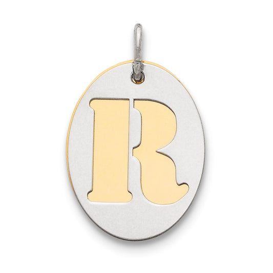 925 Sterling Silver Gold Plated Initial R Double Plate Oval Engravable Charm Pendant Jewelry Gifts (Length 0.94" Width 0.62")