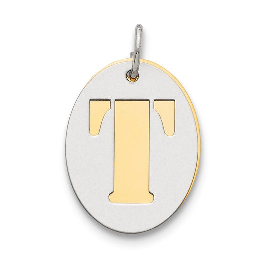 925 Sterling Silver Gold Plated Initial T Double Plate Oval Engravable Charm Pendant Jewelry Gifts (Length 0.94" Width 0.62")