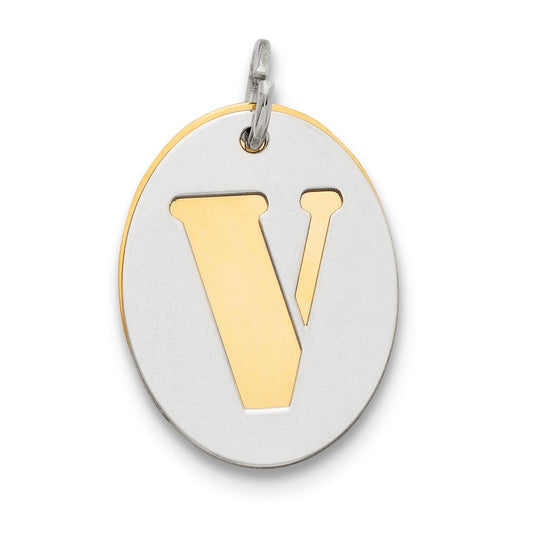 925 Sterling Silver Gold Plated Initial V Double Plate Oval Engravable Charm Pendant Jewelry Gifts (Length 0.94" Width 0.62")