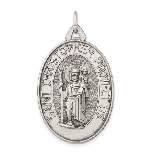 925 Sterling Silver Antiqued Satin St. Christopher Medal Engravable Charm Pendant Jewelry Gifts (Length 1.55" Width 0.89")
