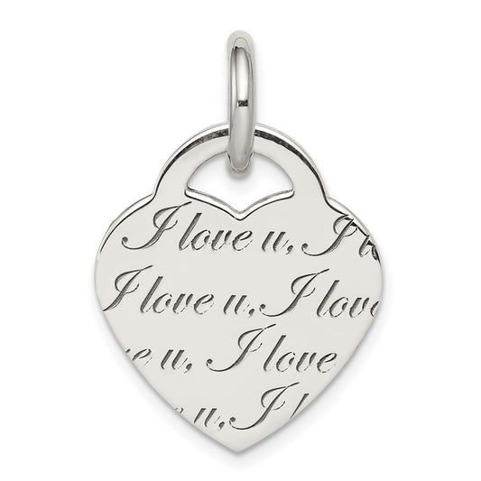 925 Sterling Silver Polished 'I Love u' Engraved HeartEngravable Charm Pendant Jewelry Gifts