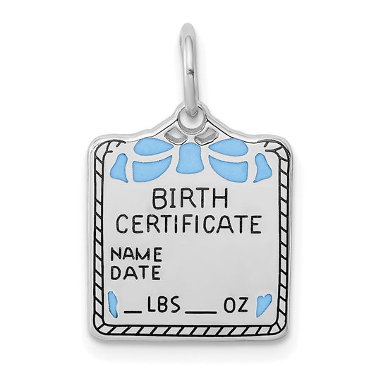 925 Sterling Silver Blue Birth Certificate Polished Engravable Charm Pendant Jewelry Gifts (Length 0.82" Width 0.51")