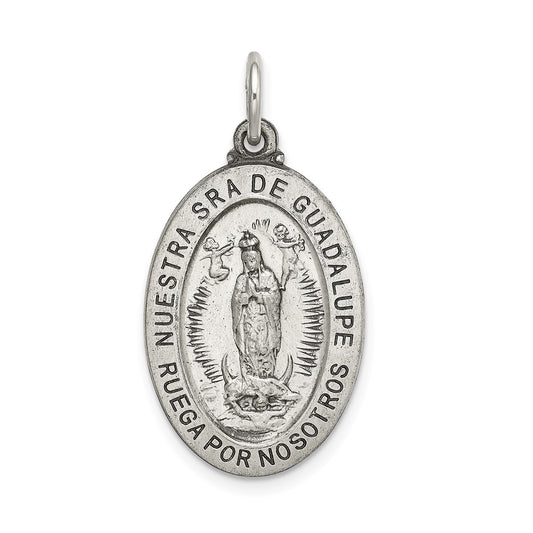 925 Sterling Silver Satin Antiqued Spanish Lady of Guadalupe Medal Engravable Charm Pendant Jewelry Gifts (Length 1.31" Width 0.62")