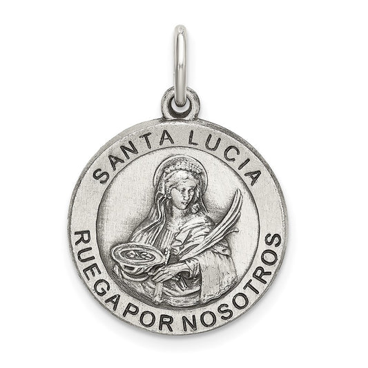 925 Sterling Silver Satin Antiqued Spanish St. Lucy Medal Engravable Charm Pendant Jewelry Gifts (Length 1.09" Width 0.74")