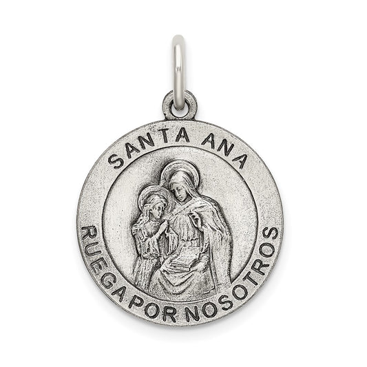 925 Sterling Silver Satin Antiqued Saint Anne Medal Engravable Charm Pendant Jewelry Gifts (Length 1.09" Width 0.74")