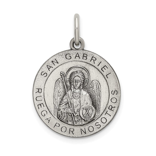 925 Sterling Silver Satin Antiqued Spanish St. Gabriel Medal Engravable Charm Pendant Jewelry Gifts (Length 1.09" Width 0.74")