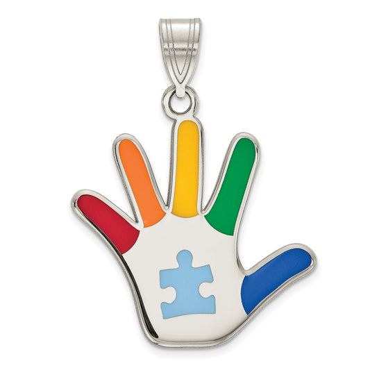 925 Sterling Silver Enamel Autism with Puzzle Piece HandprintEngravable Charm Pendant Jewelry Gifts (Length 1.17" Width 0.78")