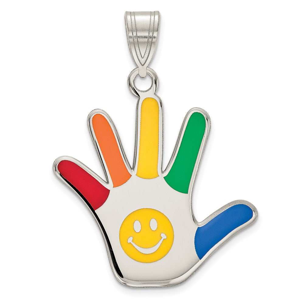 925 Sterling Silver Enamel Autism with Smiley Face HandprintEngravable Charm Pendant Jewelry Gifts (Length 1.17" Width 0.78")
