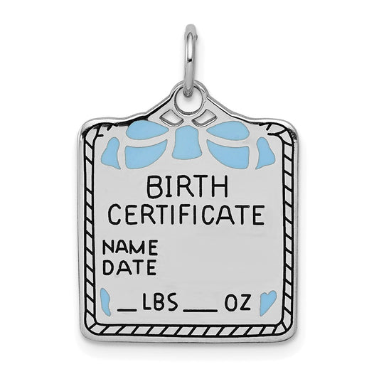 925 Sterling Silver Blue Birth Certificate Polished Front Satin Back Engravable Charm Pendant Jewelry Gifts (Length 0.98" Width 0.66")