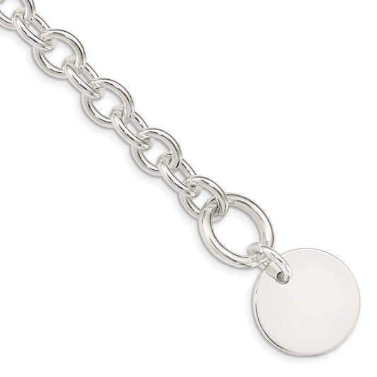 Polished Engravable 925 Sterling Silver Circular Disc on Fancy Link Bracelet Length 7.5 inches Width 20 mm With Hidden Safety Clasp