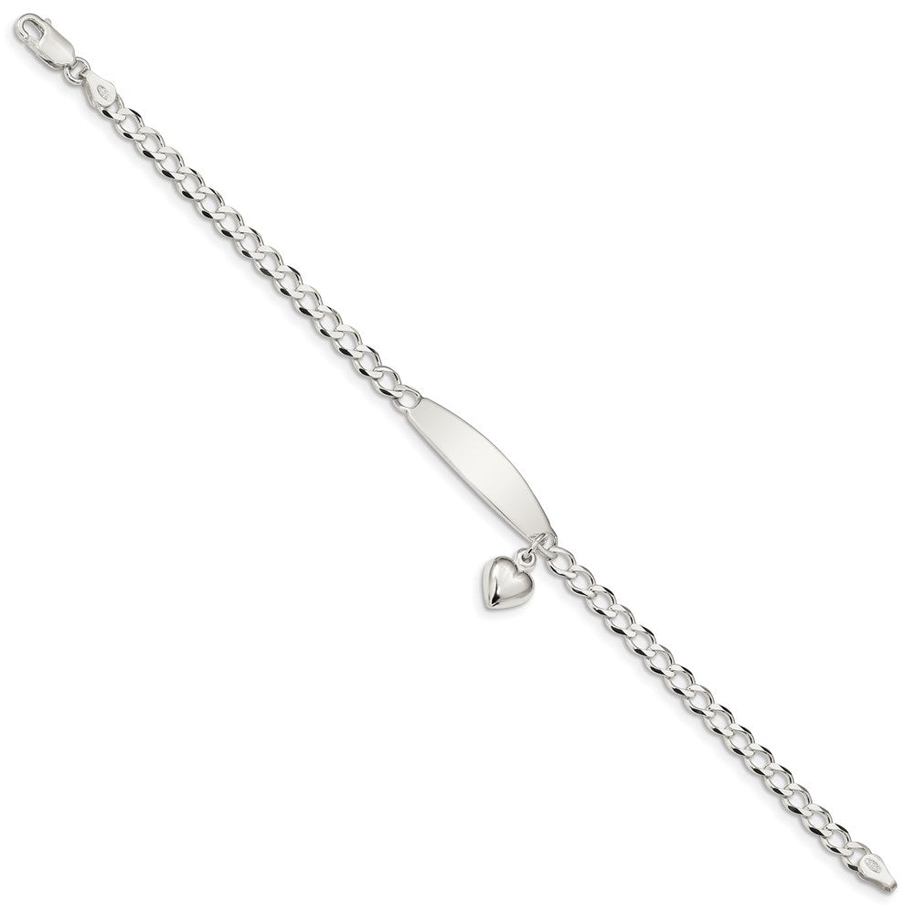 Engravable 925 Sterling Silver Polished Curb Link ID Heart Dangle Bracelet Length 7.5 inches Width 4 mm With Lobster Claw Clasp